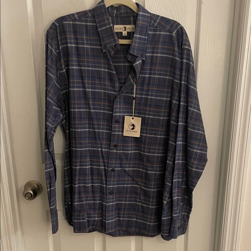 Duck Head Men's Casual Blue and Gray Plaid Shirt